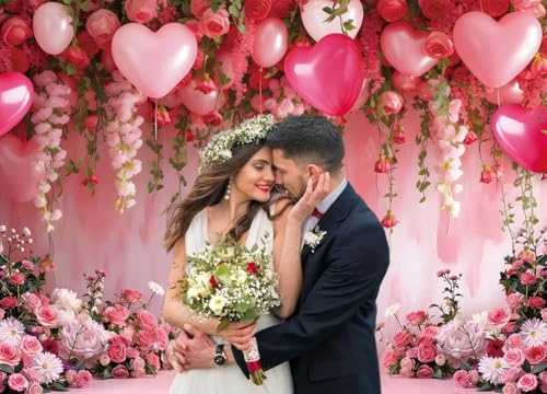 Flowers Wall Backdrop Pink Flowers Love Heart Balloons Romantic Photography Background Wedding Anniversary Birthday Valentines Party Decorations Banner Supplies (8x6FT) - size: 8x6FT