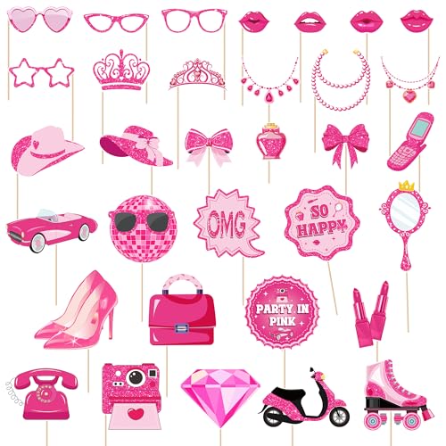 Girls Photo Booth Props - Bachelorette Party Photography Prop 33 Pcs Hot Pink Photobooth Prop Party in Pink Birthday Decorations Girl Selfie Supplies Kit Photobooth Decor for Princess Night - color: Girls Night