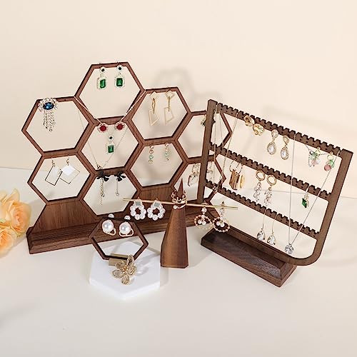 hexagonal jewelry earring display stands for selling, wooden necklace jewelry organizer hanging, walnut earring hanger dangle holder for show, home decor【Jewelry shelf-Hexagon】