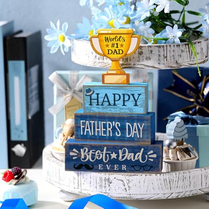 Yuntau 4 Pcs Father's Day Decorations Happy Father's Wooden Tabletop Tiered Tray Decor Rustic Best Dad Ever Trophy Block Table Sign Centerpiece for Farmhouse Shelf Office Birthday Party Gift - style: Father's Day