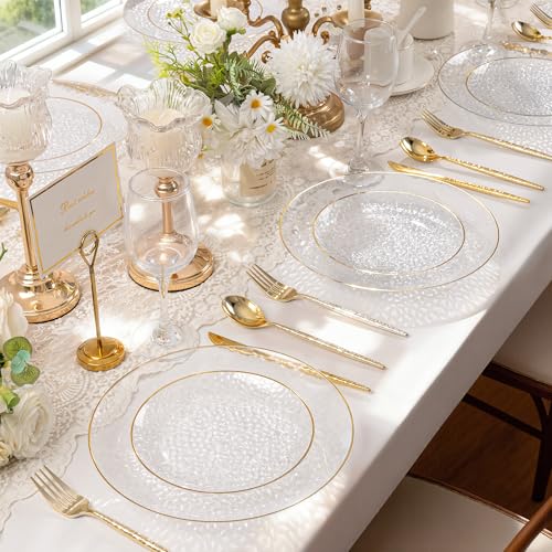 I00000 150Pcs Clear Plastic Plates with Gold Rim,Clear Disposable Plates with silverware,Gold hammer patterned plates Set include 30 Dinner Plate,30 Dessert Plate,90 Silverware Set for Party - color: Clear and gold