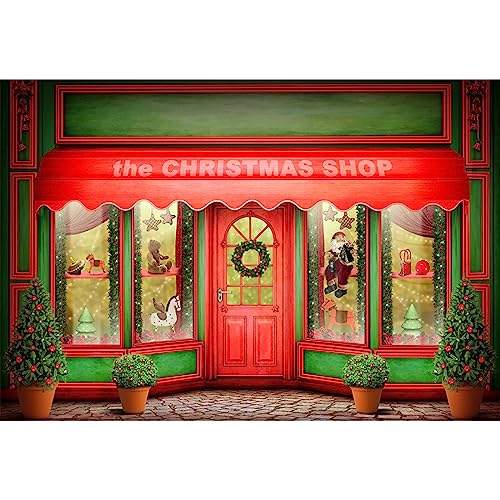 AOFOTO 15x10ft Red Christmas Shop Backdrop Front Door of Xmas Display Window Santa's Toy Store Photography Background Holiday New Year Party Banner Kids Baby Child Adult Portrait Photo Studio Props - size: 15x10ft