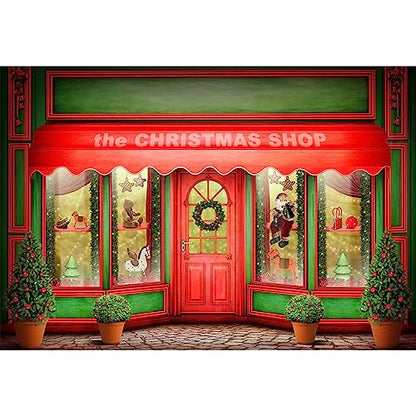 AOFOTO 15x10ft Red Christmas Shop Backdrop Front Door of Xmas Display Window Santa's Toy Store Photography Background Holiday New Year Party Banner Kids Baby Child Adult Portrait Photo Studio Props - size: 15x10ft