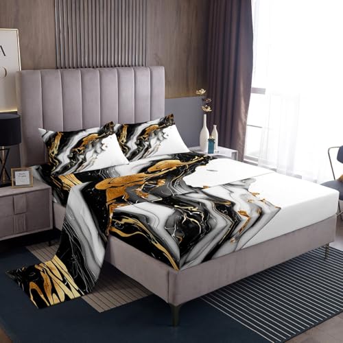 Marble Texture Bed Sheets Set Black White and Golden Sheet Set for Kids Boys Girls Teens Ink Color Sheets with Deep Pocket Fitted Sheet Marble Aesthetic Bedding Set 3Pcs With 1 Pillow Case Twin Size - color: Multi Aa03, size: Twin