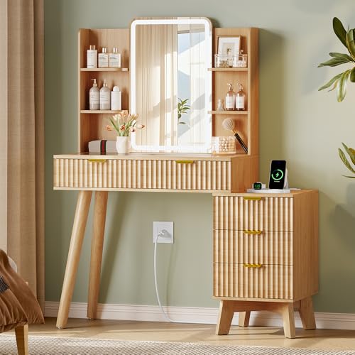 Vanity Desk With HD Lighted Mirror and Lights, Fluted Small Makeup Vanity with Storage Drawers & Shelves, Modern Dressing Table Set with Power Outlet & Glass Table Top for Women Girls Bedroom, Oak - color: Oak, size: 5 Drawers