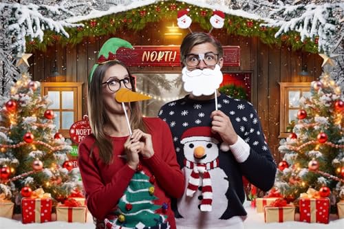Leowefowa Rustic Christmas Backdrop Wood Barn Door Christmas Farm Tree Background Snow North Pole Party Decorations Banner Photography Props 10x8ft Vinyl - color: blue, size: 10x8ft