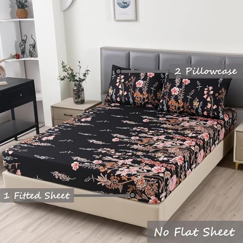 MAG 3pcs Black Floral Queen Bed Sheet,Microfiber Flower Bedding Sheet Set,Boho Bedding Sheet Set with 1 Fitted Sheet and 2 Pillowcases,14 Inches Deep (Black, Queen) - color: Black-floral, size: Queen