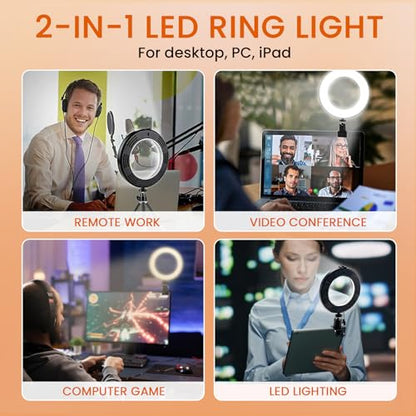 2 in 1 LED 6" Ring Light with Tripod Stand & Clamp for YouTube Video and Makeup, Mini LED Camera Light with Cell Phone Holder Desktop Lamp with 3 Light Modes & 11 Brightness Level - size: 6 inch with Tripod and Clamp