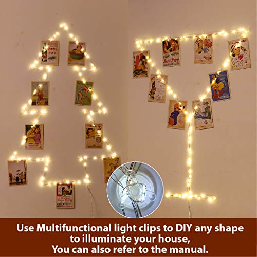 HXWEIYE Warm White Photo Clips String Light, Timer & 8 Modes, 33Ft 100LEDs Battery Powered Fairy Light with 52 Clear Clips & 12 Hooks on Wall for Hanging Picture,Bedroom Party - color: Warm White, size: 8 Mode Battery Powered-100LEDs