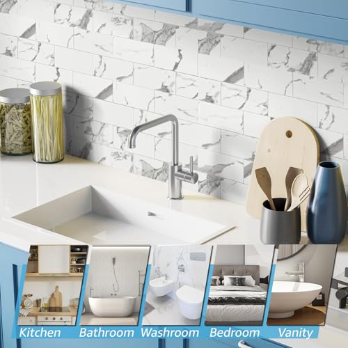 Art3d 102-Piece Faux Stone Peel and Stick Backsplash Tile, Waterproof Thick PVC Stick On Subway Wall Tile for Kitchen Bathroom Laundry Room Fireplace - 3" x 6" Gray Marble - color: Gray Marble