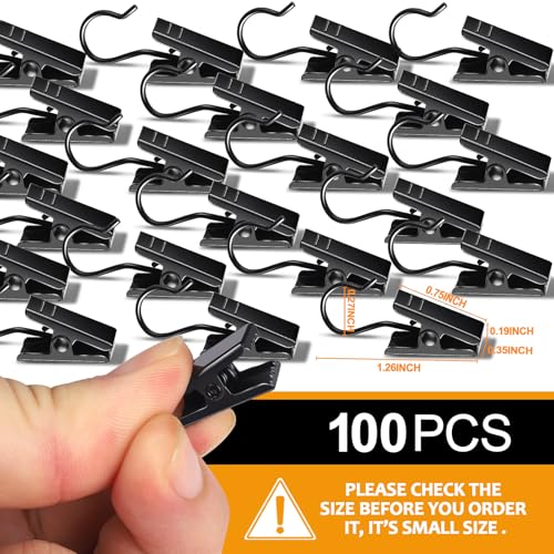 Teenitor 100 Pack Small Curtain Clips Curtain Hooks for Outdoor String Lights, Stainless Steel Clips for Hanging Curtain Hooks for Drapes, Black - color: Black