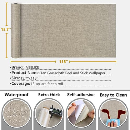 VEELIKE Tan Grasscloth Peel and Stick Wallpaper Textured Grasscloth Wallpaper for Bedroom Bathroom 15.7''x118'' Removable Grass Cloth Linen Wall Paper Self Adhesive Brown Contact Paper for Walls - size: 15.7" x 118"
