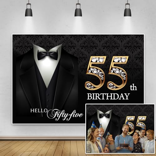 5x3ft Happy 55th Birthday Backdrop Gentleman Black Tuxedo Suit Necktie Hello Fifty Five Photography Background for Men Father Birthday Party Decorations Cake Table Banner Photo Studio Props - color: black gold 55, size: 5x3ft