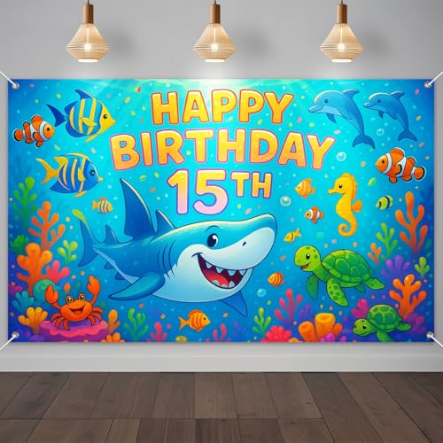 IVN Happy 15th Birthday Backdrop Banner 71x43 Inch Ocean Theme Under the Sea Fifteenth Birthday Party Decorations Photography Background Photo Booth Props for Boys Girls - color: Happy Birthday 15th (Seahorse Design)