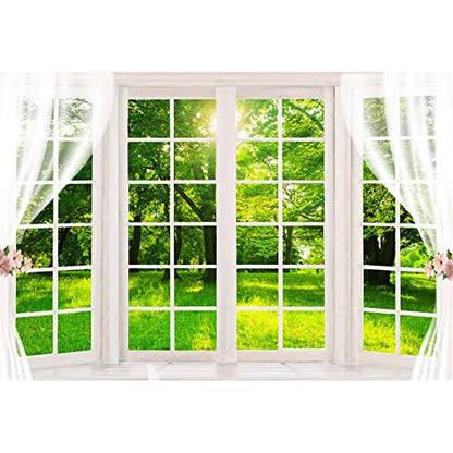 Laeacco 5x4ft Spring Window Scenery Backdrop White Windowsill Green Forest Grass Sunshine Natural Landscape Photography Background Newborn Baby Kids Family Portrait Banner Photoshoot Booth Props - size: 5x4ft