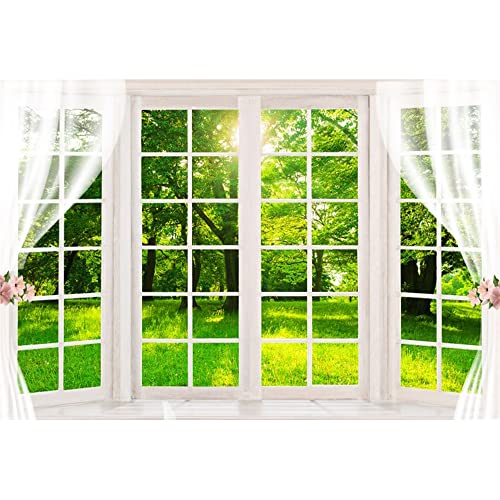 Laeacco 5x4ft Spring Window Scenery Backdrop White Windowsill Green Forest Grass Sunshine Natural Landscape Photography Background Newborn Baby Kids Family Portrait Banner Photoshoot Booth Props - size: 5x4ft