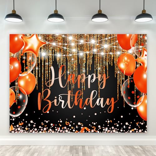 Riyidecor Black Orange Happy Birthday Backdrop Balloon Diamond Sparkle Fluid Lights 7Wx5H Feet Polyester Fabric for Men Women Photography Background Bday Table Decor Banner Studio Photo Shoot - color: C 03Orange, size: 7Wx5H