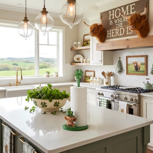 Namalu St. Patricks Day Highland Cow Paper Towel Holder Shamrock Highland Cow Kitchen Decor Kitchen Cute Paper Towel Holder Dispenser for Bedroom Toilet Countertop Decor - style: St. Patricks Day