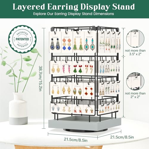 EsLuker.ly Rotating Earring Display Holder Stand for Vendors Events Selling, Large Capacity 64 Hooks Jewelry Rack with Wooden Base for Earring Card Sales, Enhances Retail Visibility (Light Grey) - color: Light Grey+Black
