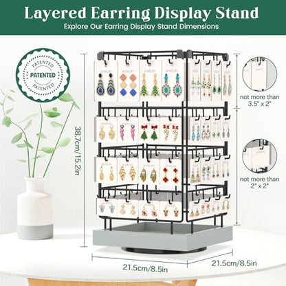 EsLuker.ly Rotating Earring Display Holder Stand for Vendors Events Selling, Large Capacity 64 Hooks Jewelry Rack with Wooden Base for Earring Card Sales, Enhances Retail Visibility (Light Grey) - color: Light Grey+Black