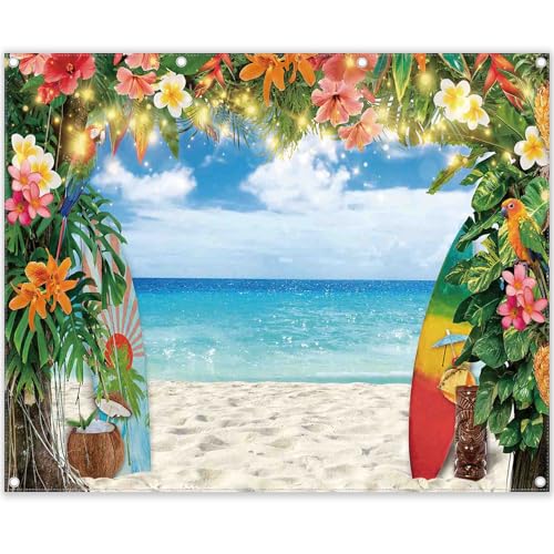 10x8ft Fabric Summer Hawaiian Beach Photography Backdrop Tropical Flower Palm Leaves Surfboard Background Aloha Luau Decorations Photo Banner - size: 10'x8'