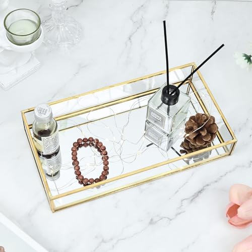 HighFree Rectangle Gold Mirror Tray, Decorative Glass Mirrored Vanity Tray for Perfume, Cosmetics, Makeup, Trinket, Jewelry (10.2X 5.5x1.6) - size: 10.2" x 5.5" x 1.6"