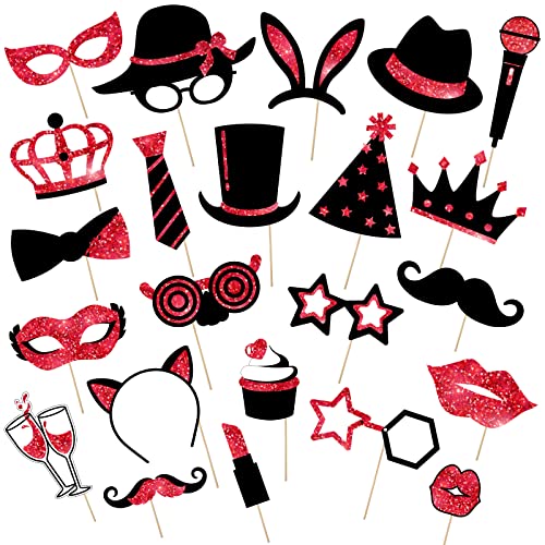 Zonon 24 Pcs Funny Photo Booth Props:Birthday Wedding Graduation, Family Reunion, Class Reunion, Easter, Prom Disco Party Celebration Decoration Supplies - Mix of Hats,Lipstick,Tie(Red and Black) - color: Red and Black