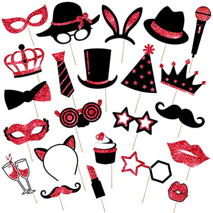 Zonon 24 Pcs Funny Photo Booth Props:Birthday Wedding Graduation, Family Reunion, Class Reunion, Easter, Prom Disco Party Celebration Decoration Supplies - Mix of Hats,Lipstick,Tie(Red and Black) - color: Red and Black