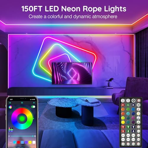 AILBTON 150Ft Neon Rope Lights,Flexible Led Rope Lights Control with App/Remote,Multiple Modes Music Sync Gaming RGB Led Neon Lights for Bedroom Outdoor - size: 150FT
