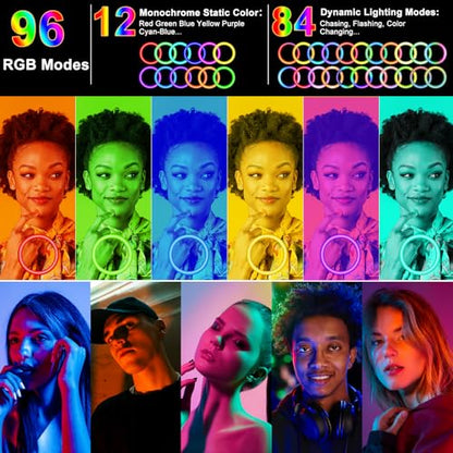 𝗡𝗲𝘄𝗲𝘀𝘁 13" Selfie Ring Light with 63" Stand and 3 Phone Holder, 53 Lighting Modes, iPad Holder, Remote, Desk Tripod, RGB Ringlight for iPhone. Vlogging Circle Led Halo Light Photo Video Kit - size: 13 inch - 53 Lighting Modes