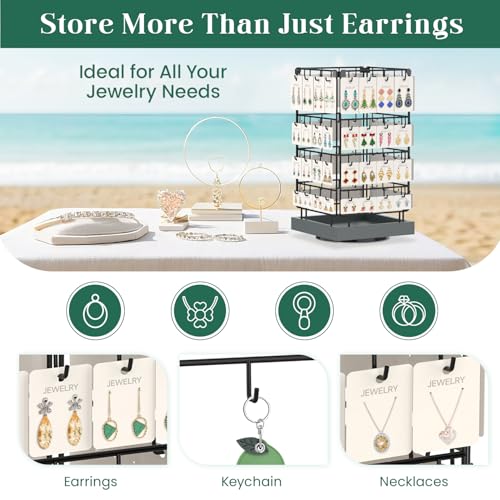 EsLuker.ly Rotating Earring Display Holder Stand for Vendors Events Selling, Large Capacity 64 Hooks Jewelry Rack with Wooden Base for Earring Card Sales, Enhances Retail Visibility(Dark Grey) - color: Dark Grey+Black
