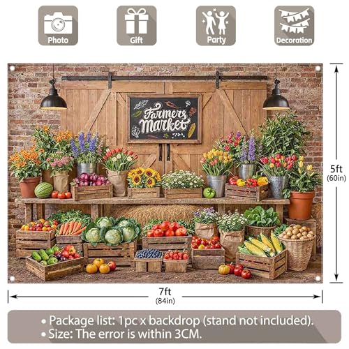 7x5ft Fabric Farmers Market Backdrop Fresh Vegetables Flowers Wooden Barn Spring Photography Background Baby Shower Birthday Party Decorations Photo Banner Props - size: 7'x5'