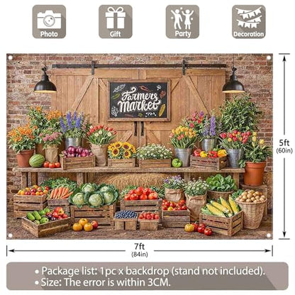 7x5ft Fabric Farmers Market Backdrop Fresh Vegetables Flowers Wooden Barn Spring Photography Background Baby Shower Birthday Party Decorations Photo Banner Props - size: 7'x5'