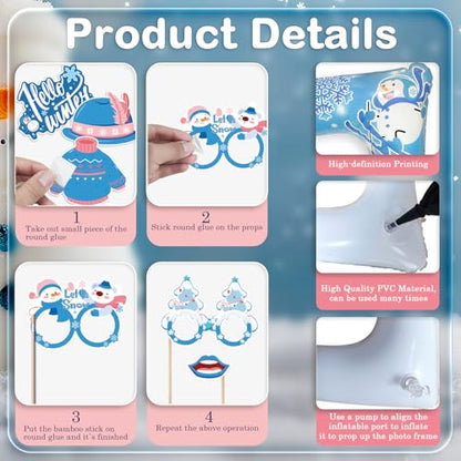 Winter Photo Booth Props Inflatable Frame, 30Pcs Winter Wonderland Photo Props with Inflatable Picture Frame Large for Frozen Holiday Party Selfie Supplies - color: Winter