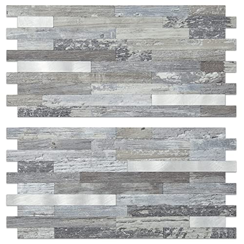 AULIGET 2-Sheet Peel and Stick Backsplash Wall Tiles, Distressed Wood Look PVC Wall Tiles Stick on Backsplash - color: Vintage Wood + Metal Silver, size: 2 Sheets, 6"x12"x0.12"
