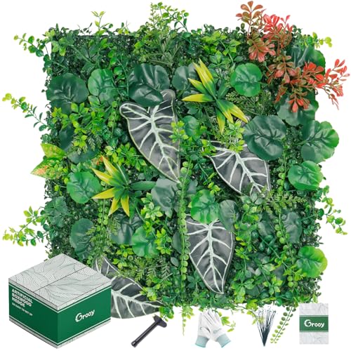 Grooy 20"x20"(12pcs) Grass Wall, Artificial Boxwood Panels, Grass Backdrop Wall for Privacy Screen, Sun Protected Green Hedge Panels for Outdoor, Indoor, Garden, Fence, Backyard and Décor - color: Monstera, size: 12PCS 20''x20''