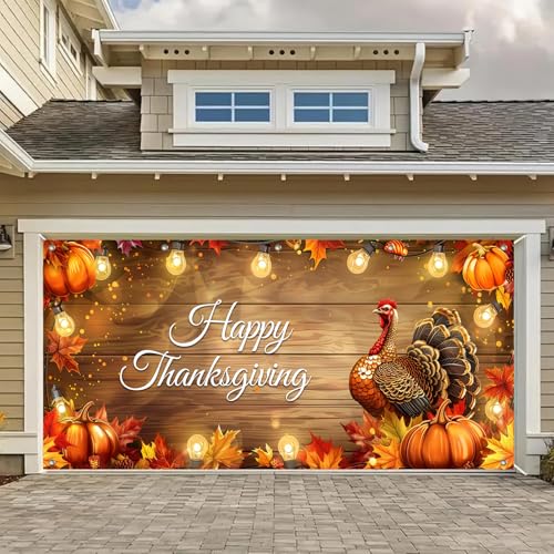 HOMETITUTE 6x13ft Thanksgiving Garage Door Banner Warm Lights Wood Texture Turkey Pumpkin Fall Leaves Family Gathering Photo Background Decor Indoor Outdoor Party Decorations - color: Garage Banner#3