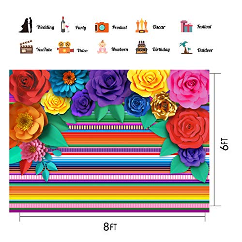 Mexican Theme Party Striped Backdrop Fiesta Cinco De Mayo Paper Flowers Background Party Decoration for Cake Table Decor Photo Booth 8X6FT 071 - size: 8′x6′