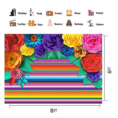 Mexican Theme Party Striped Backdrop Fiesta Cinco De Mayo Paper Flowers Background Party Decoration for Cake Table Decor Photo Booth 8X6FT 071 - size: 8′x6′