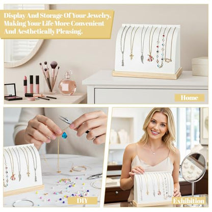 2 PCS Cambered Wooden Necklace Display Stand with PU Leather Soft Mat Jewelry Display Holder for Vendors Home Boutique Countertop Pendant Chain Chokers Organizer (White)