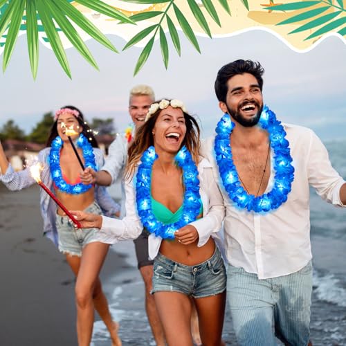 Sherr 24 Pcs LED Leis Light Up Wedding Hawaiian Leis Flower Necklace with LED Lights Beach Tropical Carnival Party Wedding Supplies Luau for Masquerade(Bright Blue) - color: Bright Blue