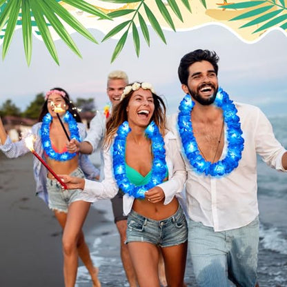 Sherr 24 Pcs LED Leis Light Up Wedding Hawaiian Leis Flower Necklace with LED Lights Beach Tropical Carnival Party Wedding Supplies Luau for Masquerade(Bright Blue) - color: Bright Blue