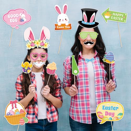 HOWAF Easter Photo Booth Props, 25pcs Happy Easter Party Decorations Photoshoot Props with Photo Frame, Egg Bunny Selfie Props for Spring Easter Photography