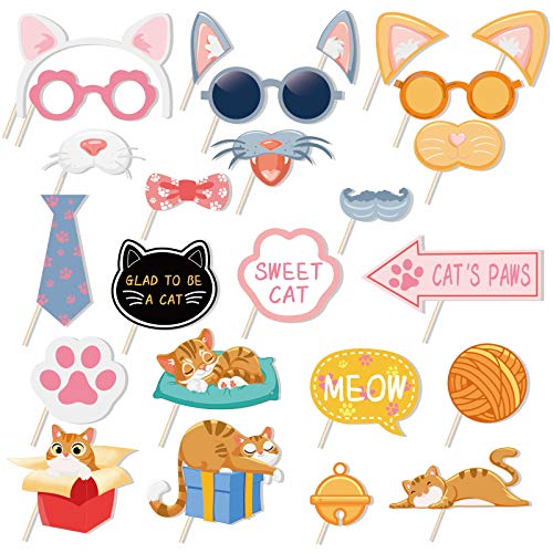25Pcs Cat Photo Booth Props with Stick, Kitty Theme Selfie Props, Meow Birthday Party Supplies, Photography Backdrop Decorations