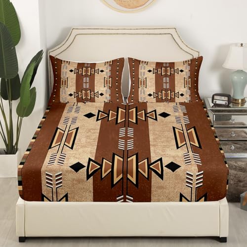 Feelyou Western Ethnic Tribal Sheet Set Queen Size Kids Wild West Bed Sheets Set for Boys Girls Teens Boho Exotic Sheets with Deep Pocket Fitted Sheet Bohemian Bedding Set Brown Bed Set - color: Brown Black, size: Queen