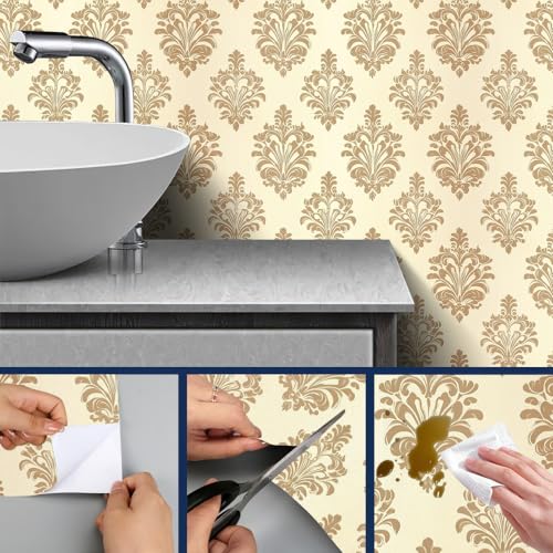 HOMETITUTE Wallpaper Peel and Stick Gold Damask on Beige Background Contact Paper Wall Paper Stick 17.7" x 118.1" Self Adhesive Removable Vinyl Wall Covering Bedroom Kitchen Bathroom Home Decor - color: Gold Damask on Beige Background