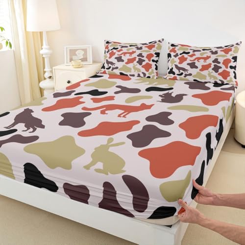 Manfei Camo Animals Fitted Sheet Full Size,Bear Wolf Rabbit Wildlife Design Bedding Set 3pcs,Army Camouflage Bed Sheets with 2 Pillowcases,Kids Boys Girls Room Decor,Soft Deep Pocket Bedding(No Flat) - color: Brown, size: Full (54*75*16")