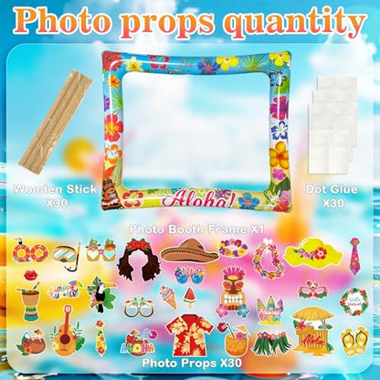 Hawaiian Photo Booth Props & Inflatable Frame, 30Pcs Luau Photobooth Props with Large Inflatable Inflatable Selfie Picture Frame for Summer Tropical Aloha Luau Party Selfie Supplies - color: Hawaii