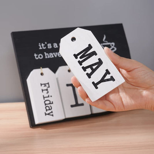 Notakia Perpetual Flip Calendar Wooden Desk Calendar - Vintage Date Blocks for Desk, with Month & Day Display, Wooden Block Calendar for Home Office Accessories (Flip Black)