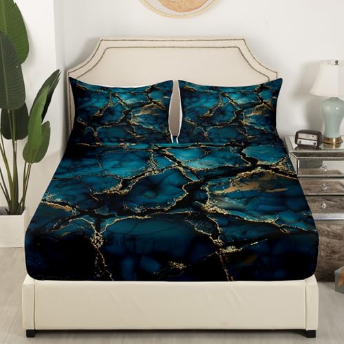 Feelyou Navy Blue Marble Bed Sheets Set Queen Size Modern Marble Aesthetic Sheet Set Retro Watercolor Artwork Design Sheets with Deep Pocket Fitted Sheet Abstract Marble Texture Printed Bedding Set - color: Navy Blue, size: Queen